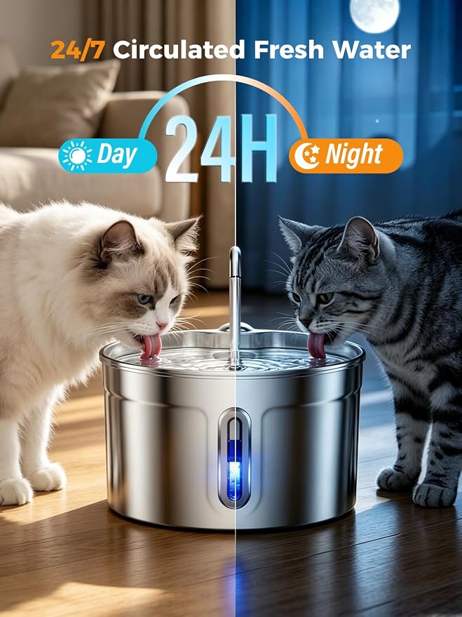 Stainless Steel Cat Water Fountain - 74oz/2.2L Ultra-Silent | 7 Filters Included, Visible Water Level, Dishwasher Safe, for Indoor Cats & Small Dogs - Image 7