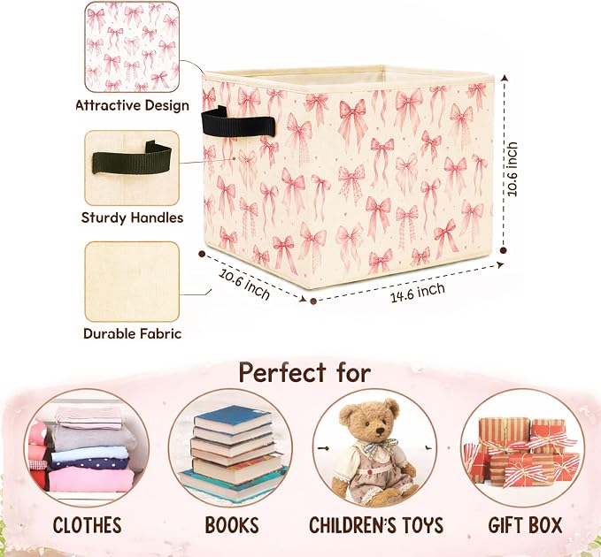 Pink Bow Storage Bin, Foldable Fabric Organizer | Soft pink bow storage bin for toys, books, clothes, blankets, nursery supplies, girls rooms, shelves, and closets. - Image 4