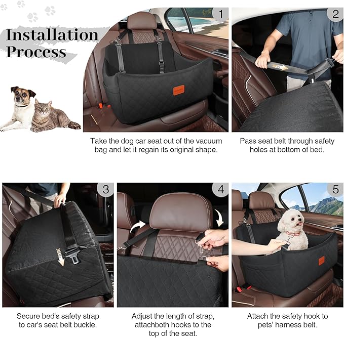Wooaidagg Dog Car Seat for Medium & Large Dogs Up to 55lbs, Memory Foam Cushion, Washable Cover, Safety Straps & Non-Slip Bottom(Black,Large) - Image 6