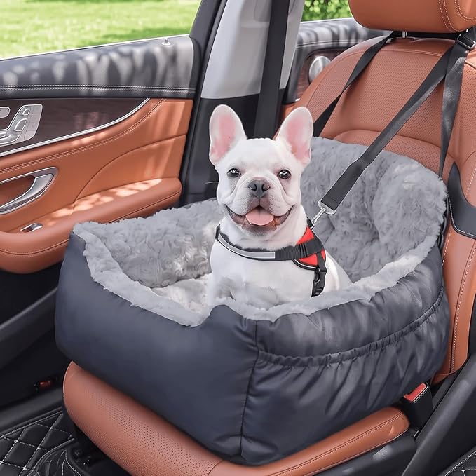 Oiilores Dog Car Seat for Small Dogs, Washable Pet Booster Car Seats with Clip-On Safty Leash, Comfy Deluxe Plush Carseat with Storage Pockets, Puppy Travel Carrier Bed for Dogs Under 25 lbs, Grey by OiiloresComfyDoorMat