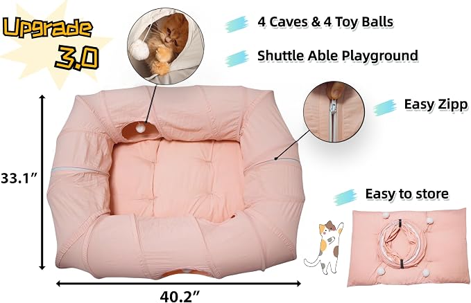 XxingSheep 4 Ways Shuttled XL Cat Tunnel Bed for Indoor Cats Peekaboo Cat Cave Donut with Cool Mat (Pink) - Image 3
