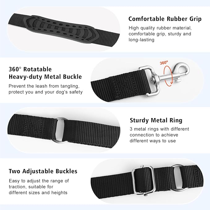 9.19ft Hands Free Dog Leash Adjustable for Medium Dogs, Black | Versatile Handheld Crossbody Waist Lead with 3 Rings, Easy Adjust for Running Jogging Walking, Sponge Handle - Image 5