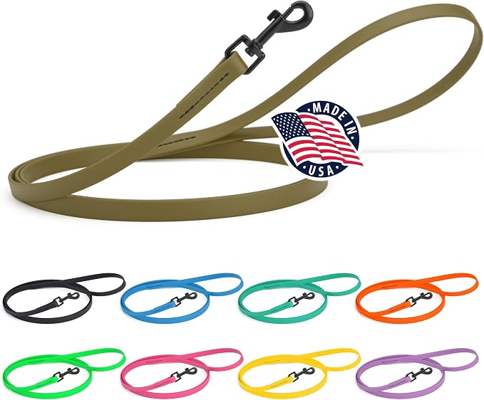 Dogline Biothane Waterproof Dog Leash Strong Coated Nylon Webbing with Black Hardware Odor-Proof Easy to Clean High Performance for Small or Large Dogs Made in USA 4 or 6 ft Lead, Olive Drab Green by Dogline