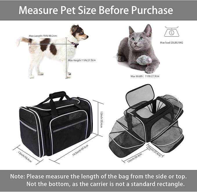 TSA Airline Approved Large Pet Travel Carrier,4 Sides Expandable with 2 Mesh Pockets,3 Entry, Soft Sided Collapsible Dog Carrier for 2 Cats,Kittens,Puppies,Dog, X-Large, Black & White - Image 2