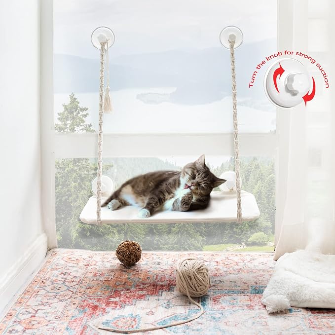 Mkono Cat Window Perch Macrame Boho Cat Hammock Wall Mounted Cat Bed for Indoor Cat, Pet Resting Seat Safety Space Saving Cat Shelves with Screw Suction Cups - Image 2