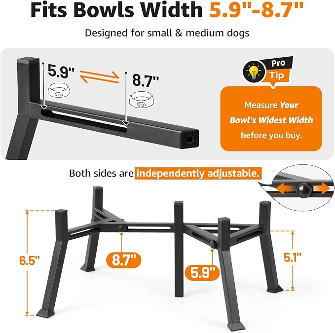 LOOBANI Double Dog Bowl Stand Adjustable 5.9"-8.7" Width for Seniors Dogs | Reduces Neck Strain, Non-Slip Rubber Feet, Rust-Proof Stand, Easy Clean, for Senior & Arthritic Dogs - Image 4