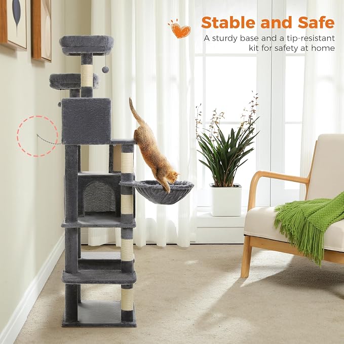 70.8" Tall Cat Tree for Large Cats, Multi-Level Cat Tower with 8 Sisal Scratching Posts, 2 Top Perches, Big Condo, Large Hammock, and Cat Furniture for Indoor Cats, Dark Gray - Image 6
