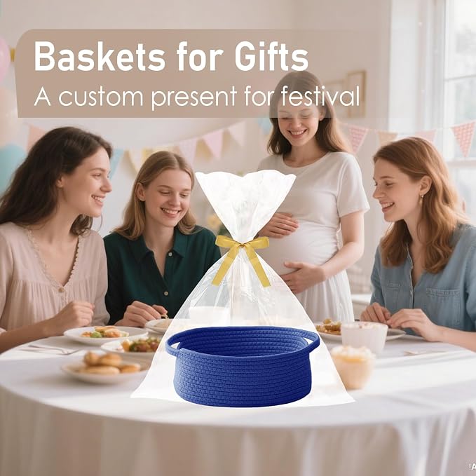 JMvicyroam Small Woven Basket, Empty Gift Basket, Navy Blue/3 Pack | Small Gift Basket, Cotton Rope, 12 x 8 x 29 in, Handles, Includes Ribbon and Bag, Birthday Gift Basket - Image 4