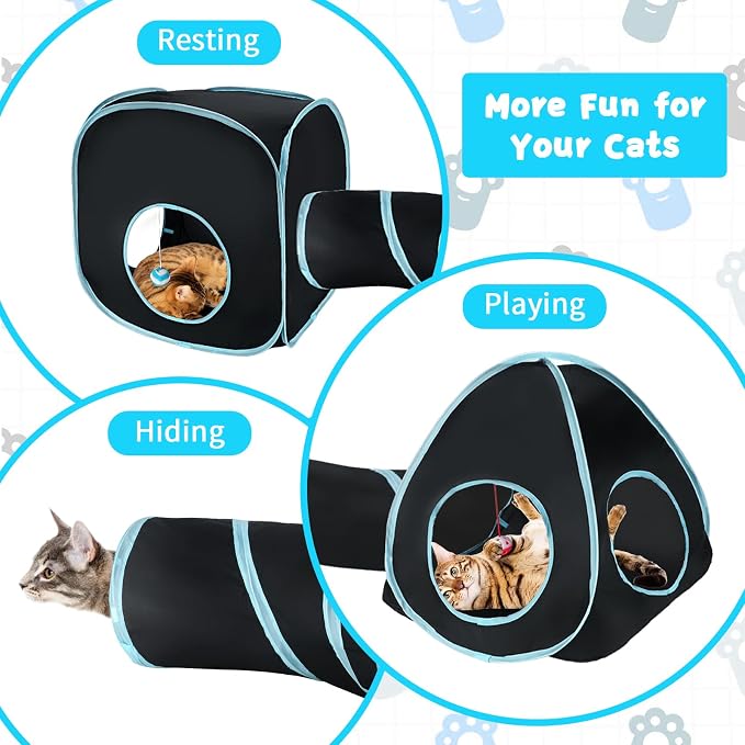 Rypet Cat Toy Tunnel and Cubes Bundle, Play Tubes for Indoor Cats, Black | 3-in-1 Tunnel Cubes Tent, Crinkle Tube for Play, DIY Shapes, Ball and Bell for Play, Tear-Resistant Polyester, Folds Flat - Image 3