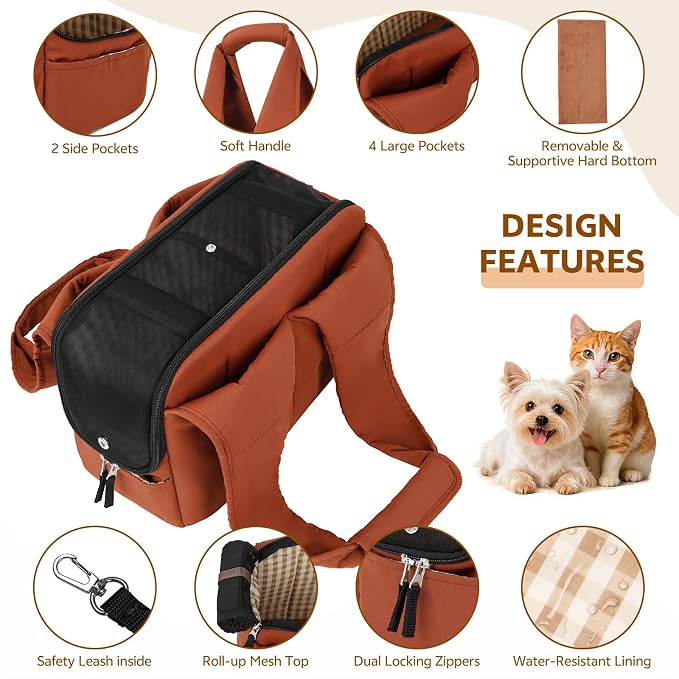 Dog Purse Carrier for Small Dogs and Cats, Soft-Sided Pet Tote Bag with 6 Large Pockets, Collapsible Travel Puppy Carrier, Fits Pets up to 16 lbs (Caramel, 17.5" L x 8" W x 12" H) - Image 5