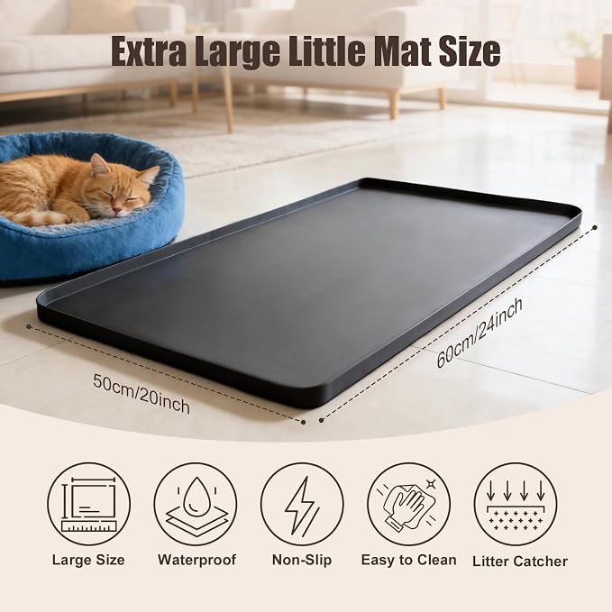 Silicone Cat Litter Mat 24x20 In Waterproof Litter Box Mat Leak-Proof Thick Under Kitty Litter Box Feeding Tray with Raised Edges for Floor Carpet, Black - Image 2