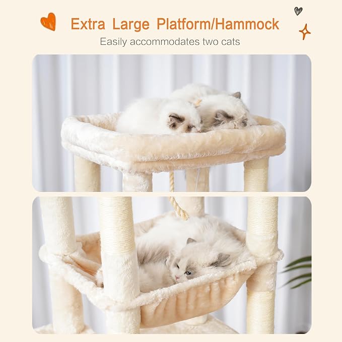 Heybly Cat Tree for Large Cats, 20lbs Heavy Duty, 60 inches HCT050M | Cat Tower for Indoor Cats with Big Padded Plush Perch, Multi-Level Furniture Condo with Cozy Basket, Beige - Image 5