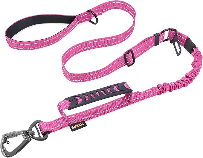 AUBELL Tactical Dog Leash Heavy Duty,4-6ft No Pull Bungee Leash,Pink | Reflective Dog Leash for Medium Large Dogs with Comfortable Padded Double Handle,Car Seat Belt,360 Degree Rotating Carabiner by AUBELL