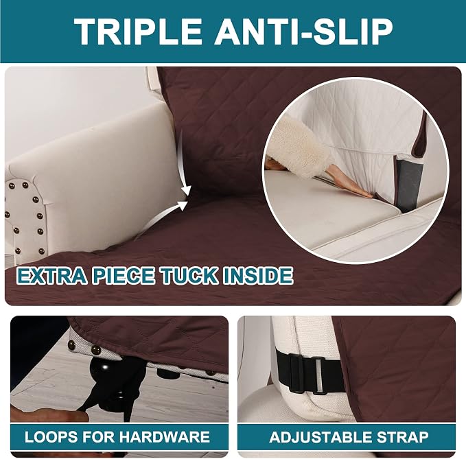 Turquoize 100% Waterproof Sofa Covers Chaise Lounge L Shape Sofa Protector Chaise Slip Cover Triple Non-Slip Sofa Slipcover for Sectional Couch Cover for Pets, Kids (Chaise, Brown) - Image 4