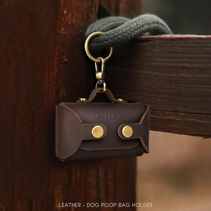 Handmade Leather Dog Poop Bag Dispenser - Stylish and Durable with Belt Attachment for Dog Walkers, Featuring a Brass Metal Clip in Coffee - Image 2