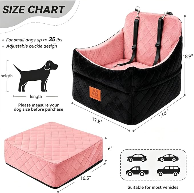 GL GLENSLAVE Dog Car Seat for Small/Medium Dogs, Dog Booster Car Seats with Thick Cushion for Dogs Under 35 lbs, Detachable Washable Pet Carseat with Storage Pockets, 2 Safety Belts(Black/Pink) - Image 3