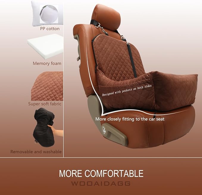 Wooaidagg Dog Car Seat for Small Dogs,Covered Soft Fabric and Fill in Memory Foam,Easy to Assemble and Fully Detachable,2 Clip-On Safety Leashes and Storage Pockets(Brown) - Image 3