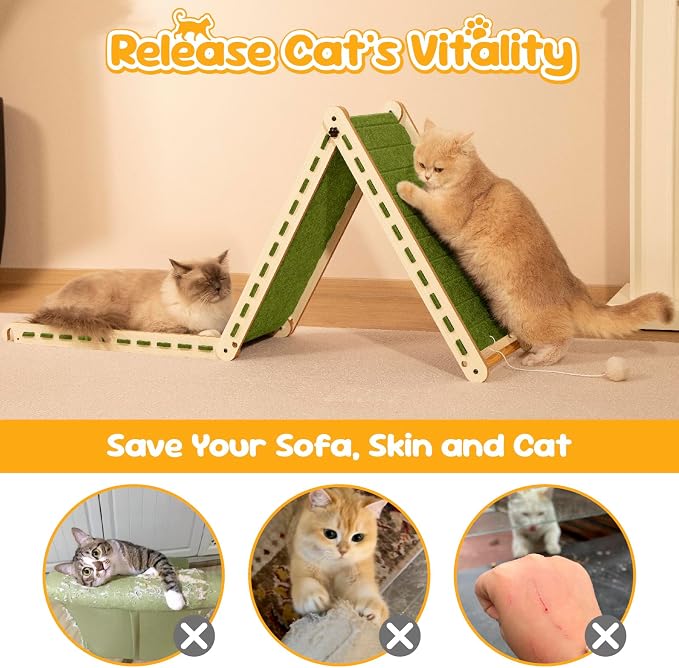 Large Foldable Felt Cat Scratcher for Indoor Cats Full Body Stretch | Wear-resistant felt scratcher pad, cozy cat hideaway with hanging ball toy, suitable for kittens and indoor cats (Green） - Image 5