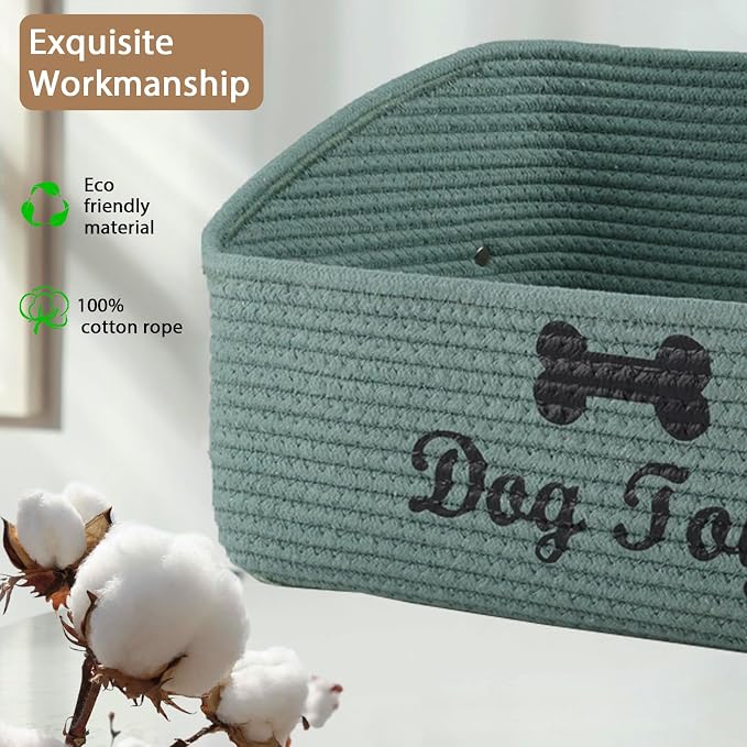 Dog Toy Basket-100% Cotton Rope Dog Toy Bin for Living Room Area-Trapezoid Pet Toys Box with Sturdy Handle-Puppy Bed-Dog Stuff Organizer for Pet Toys,Collar,Leash,Blanket-Chew Proof -Green - Image 3