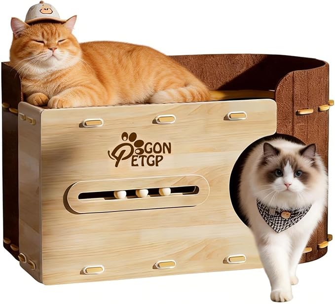 GONPETGP Large Cat Beds for Indoor Cats, Extra Wide Cat House Cave with Scratch Pad Wooden Play Ball, Foldable Felt Kittens Hideaway Condo for Multiple Small Pets by GONPETGP