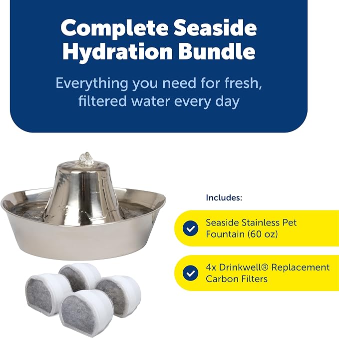 Seaside Stainless Cat & Dog Fountain with 4-Pack of Carbon Filters | 60 Oz Capacity with Extra Carbon Filters, Triple-Filter Operation, 360-Degree Flow, Rust-Resistant Stainless Steel - Image 2