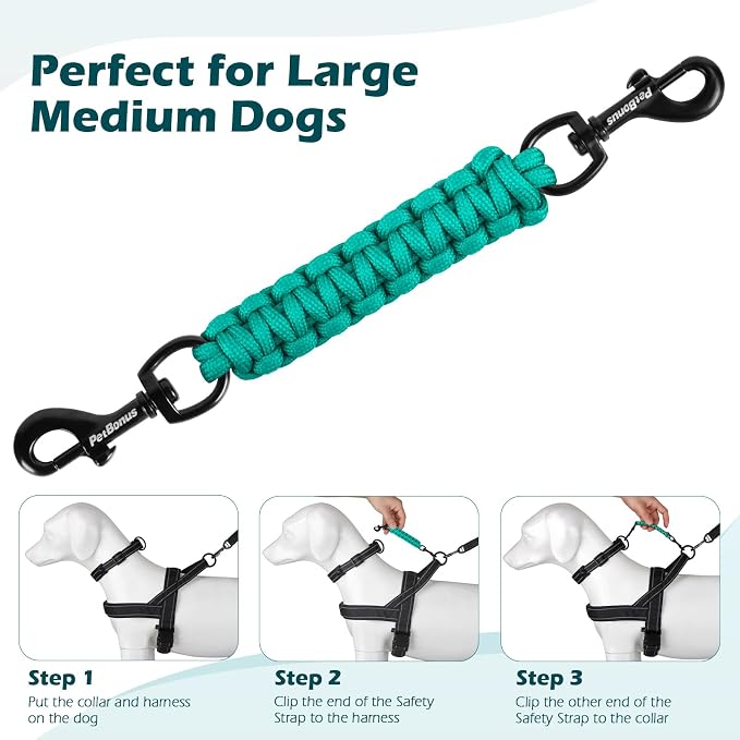PetBonus Dog Collar Safety Clip, Handmade Prong Collar to Harness Connector | Dog Leash Backup Safety Strap, Escape Proof, Double Ended Clasp, Lead Connector for Pinch Collar, Harness (Turquoise) - Image 6