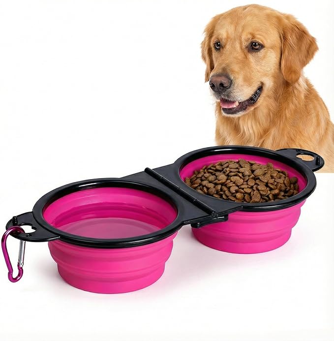 Double Collapsible Dog Bowls for Travel, Food and Water Set with Clip, Pink | 13.5 oz each, folds flat, carabiner clip, walking, hiking, camping, for small and medium pets by 7CAIHOME