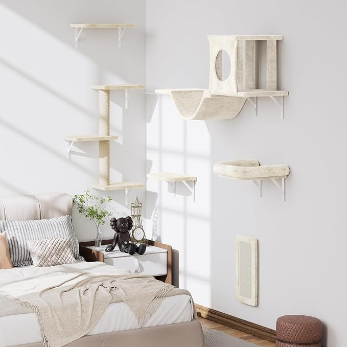 12-in-1 Cat Wall Shelves, Luxury Wall-Mounted Cat Climber Set | with Condos House, Scratching Post, Bridge Ladder, Indoor Space-Saving Furniture for Kittens, Beige - Image 7