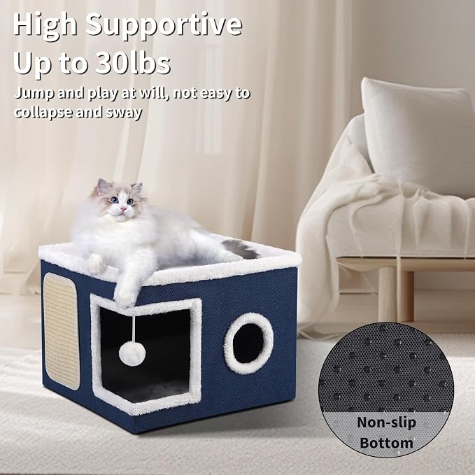 Shikha Cat House Bed for Indoor Cats with Fluffy Ball and Scratch Pad Blue | Foldable Large Cat Cave Hideaway with Cozy Condo, Hide and Seek Window, Holds Up to 30LBS, All Season Reversible Cushion - Image 3
