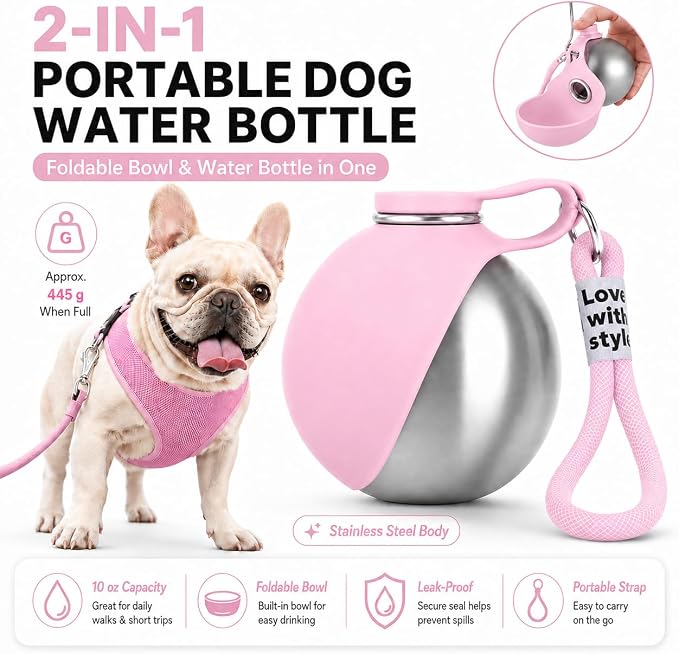 Portable Pet Dog Water Bottle with Silicone Collapsible Bowl, 10 oz Pink | Stainless Steel Pet Travel Dispenser with Rope | Dogs on Walks Hiking Accessories | Puppy Small Pets Essentials - Image 2