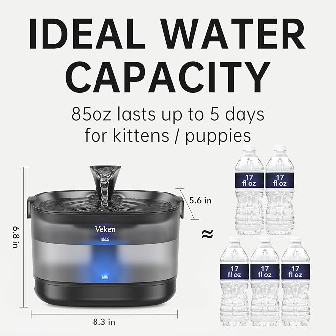Veken 85oz/2.5L Cat Water Fountain with Detachable Tank & Secure Clips | Easy to Clean & Assemble, Quiet Operation & LED Light, Pet Drinking Dispenser, Gifts, Cats, Dogs and Small Pets, Black - Image 7