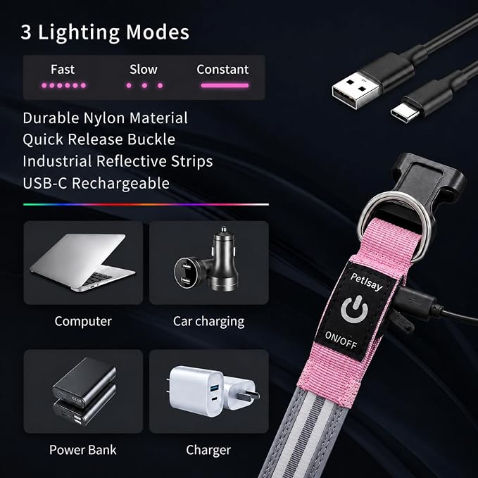 Light Up Dog Collar for Night Walking, Reflective LED Collar(Pink, X-Large) | Bright Safety Glow in the Dark, Adjustable Comfort Fit, Waterproof, Long Runtime, Easy USB-C Charging - Image 3