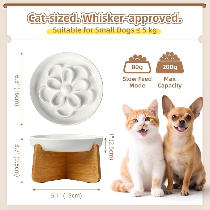 PTOBER Elevated Slow Feeder Cat Bowl - Melamine Cat Dish with Anti-Slip Bamboo Stand - Whisker Friendly Feeding Bowl - Floral Maze Food Plate for Slow Eating - White - Image 2