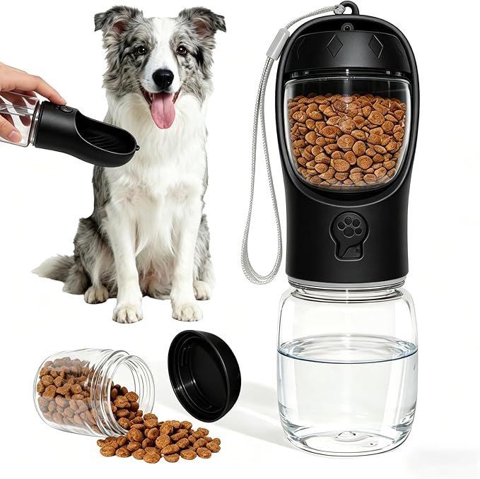 Portable Dog Water Bottle with Food Container, Drinking Bottle for Travel | 2 in 1 Dog Water Bowl, Leak Proof Pet Water Dispenser, BPA Free, Puppy Essentials, for Walking Hiking (Black,12oz) by Liphier