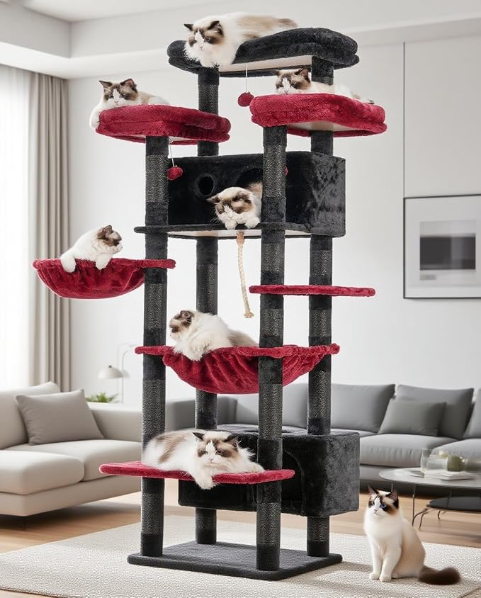 Cat Tree, 74" Tower for Large Cats, Big Condo Hammock CCT030BR | Heavy duty, 3 Big Platforms, 2 Baskets, 2 Condos, Multi-Level Cat Scratching Posts, Indoor Cats Large Adult, Black and red by Gitelnour