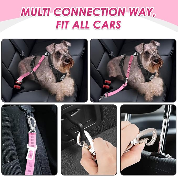 Lukovee Dog Car Harness Seat Belt, Harness & Seatbelt with 2 in 1 Buckle | Adjustable Soft Breathable Mesh Harness, Reflective Elastic Reflective Tether, for Small Medium Large Dogs Pets (A-Pink, XS) - Image 2