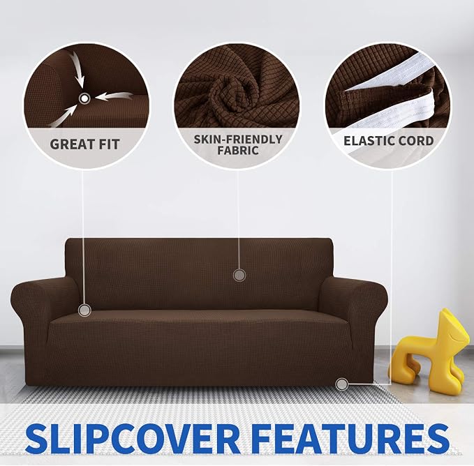 MAXIJIN Super Stretch Couch Cover for 3 Cushion Couch, 1-Piece Universal Sofa Covers Living Room Jacquard Spandex Furniture Protector Dogs Pet Friendly Fitted (Large, Coffee) - Image 3