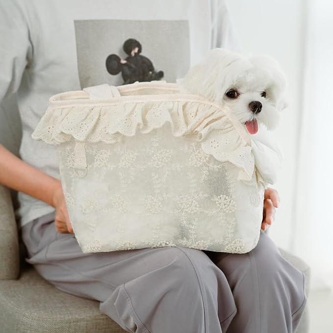 ONECUTE Dog Carrier for Small Dogs Rabbit cat with Lace Design, Cotton Bag, Dog Carrier Soft Sided, Collapsible Travel Puppy Carrier (Beige, 13" L x 6.7" W x 10.6" H) - Image 8