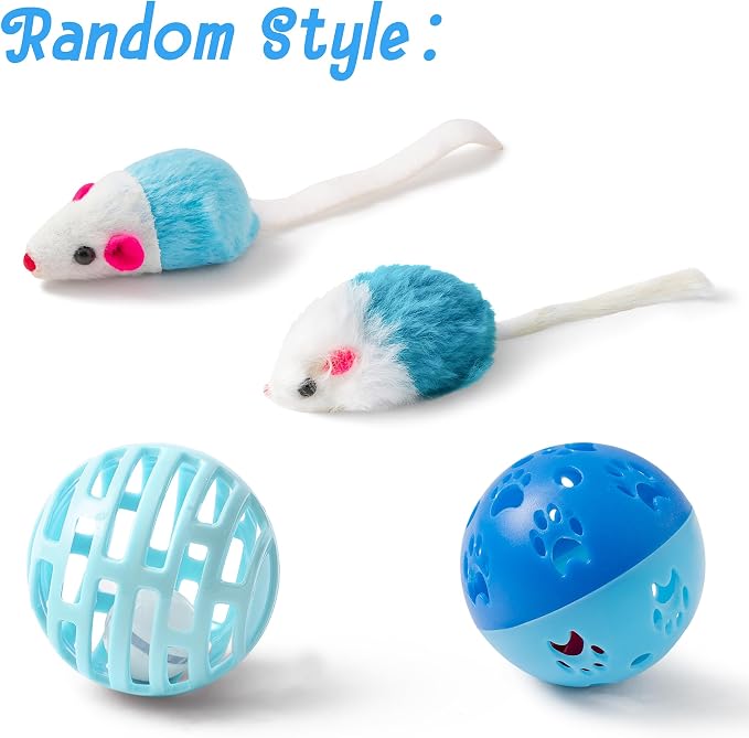 MALLMALL6 Cat Toy Set Interactive Cat Toys 11Pcs Pack with Foldable Tunnel, Feather Teaser Wand, Springs, Mice, Crinkle Balls & Pet Bell Balls - Puzzle Toys for Indoor Cats - Gift (Blue) - Image 7