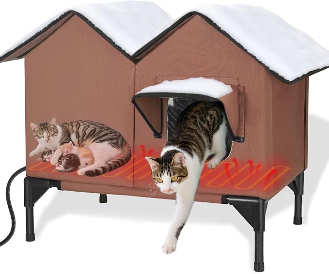 Heated Cat House for Outside Winter, Large Heated Outdoor Cat House Weatherproof, Elevated Bed, Escape Door, Insulated Outdoor Cat Shelter with Heater for Multiple Cats Feral Stray Kitty, Easy Setup by GUZROK