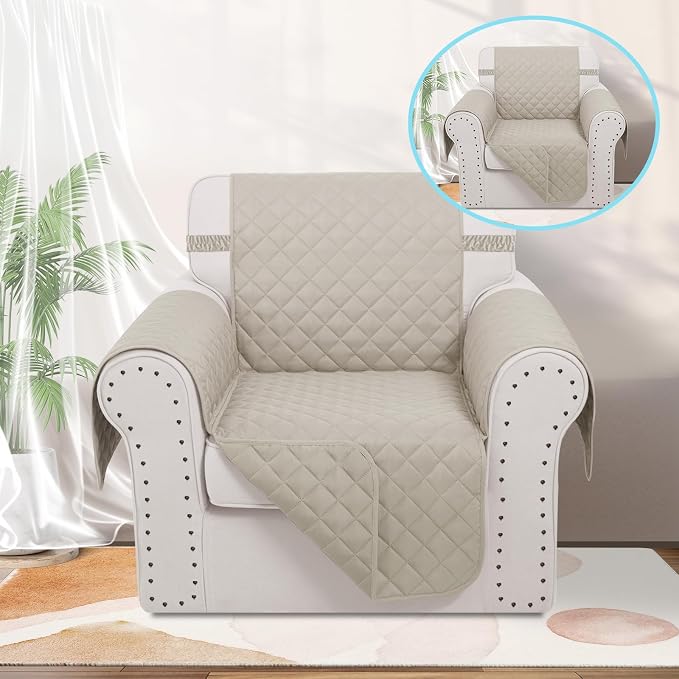 Reversible Recliner Chair Covers, 23" Chair, Beige/Beige | Chair Covers for Living Room with Elastic Straps, Water Repellent, Chair Protectors Covers for Dogs - Image 2
