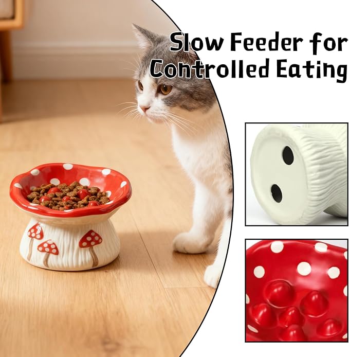 Cat Slow Feeder Bowl, Ceramic Slow Feeder Cat Bowls, Cute Mushroom Elevated Cats Bowl, Anti-Fatigue & Anti-Vomiting - Image 3