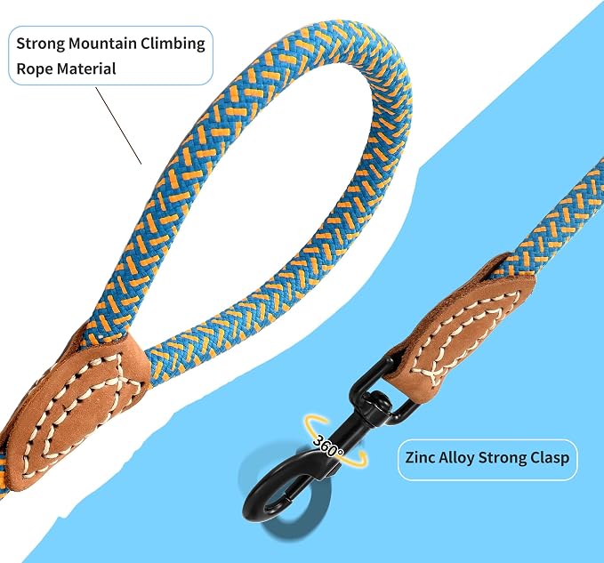 Mile High Life Dog Leash with Genuine Leather-Wrapped Ends, 4/5/6FT | Tangle-Free 360° Swivel Clasp Heavy Duty Rope Leash | Small Medium Large Dogs | Daily Walking (Peacock Blue, 48 Inch, 1/2") - Image 4