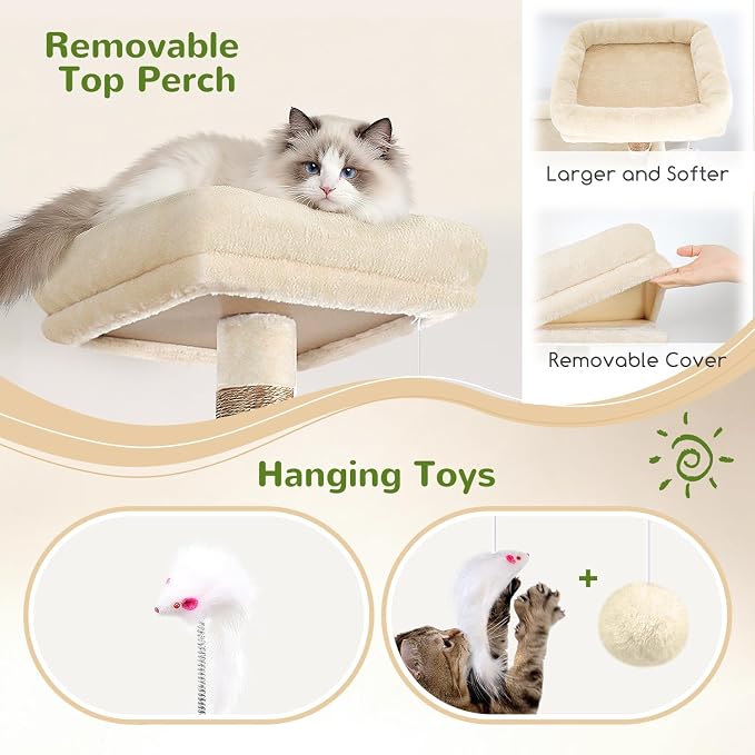 Globlazer Sturdy Cat Tree for Indoor Cats 20 lbs, S68, Beige | 68-inch Large Cat Tower for Adult Big Cats, Heavy Duty Cat Tree with Extra Large Platform, 5 Scratching Post - Image 5