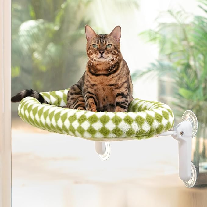 Sunhoo Cat Window Perch Bed Foldable Kitty Windowsill Hammock Shelf Seat Large Cats Suction Cup Indoor Kitten Window Sill Lounger with Soft Plush Cushion Machine Washable 21.26 * 11.8in (Green, M) - Image 8