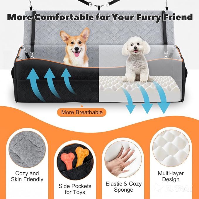 VavoPaw Car Seat for Large Dog for 2 Medium or 3 Small Dogs Under 100Lbs | Dog Booster Seats ,Pet Car Seats with 2 Safety Leashes, Dogs Sofa Bed Cushion Add Thick Sponge, Pet Cars Carrier for Travel - Image 6