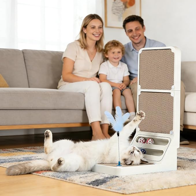 Cat Scratcher Cat Scratch Pad L Shape Wall Mounted Dual Use (Vert/Horiz) Kitten Bunifa Scratching Card Board Vertical Post with Ball Toys Feathers,Protecting Furniture Core is Replaceable Large White - Image 8