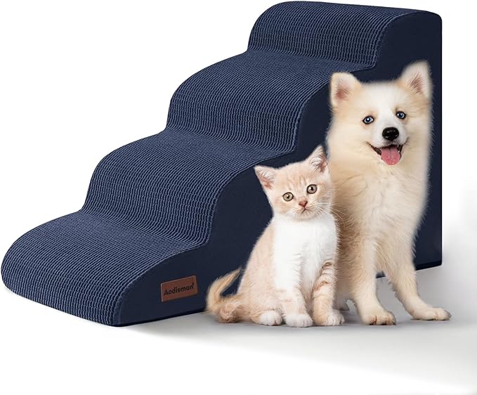 Aodisman Dog Steps for Bed or Couch,4-Step Pet Stairs Ramp for Small Dogs | 17.4" H Indoor Non-Slip Dog Stairs Help Senior Dogs,Short-Legged Breeds,Puppies and Cats to Reach Beds and Chairs,Grey,Blue by AODISMAN