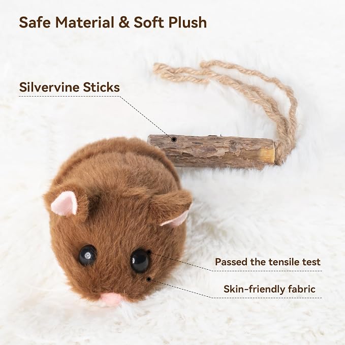 Migipaws Interactive MigiMouse Cat Toy 360° Rolling & Spin with Wiggling Tail for Indoor Cats Smart Motion Sensor, Realistic Squeak, Rechargeable Plush Kitten Toy (Brown) - Image 5