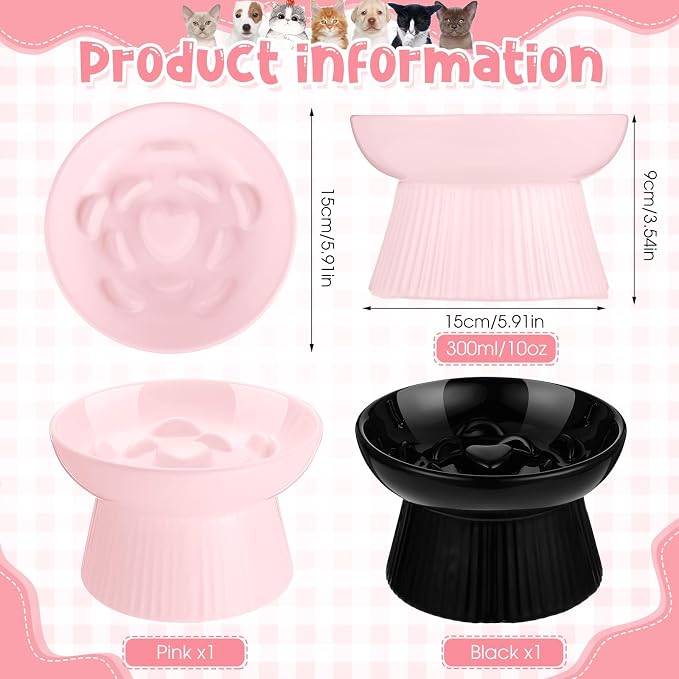 Tioncy 2 Pcs Ceramic Elevated Slow Feeder Cat Bowl, Raised Cat Slow Feeder Bowl, Anti Vomiting for Dry and Wet Food, No Spill High Edge Easy Clean Dishwasher Safe (Black,Pink) - Image 2